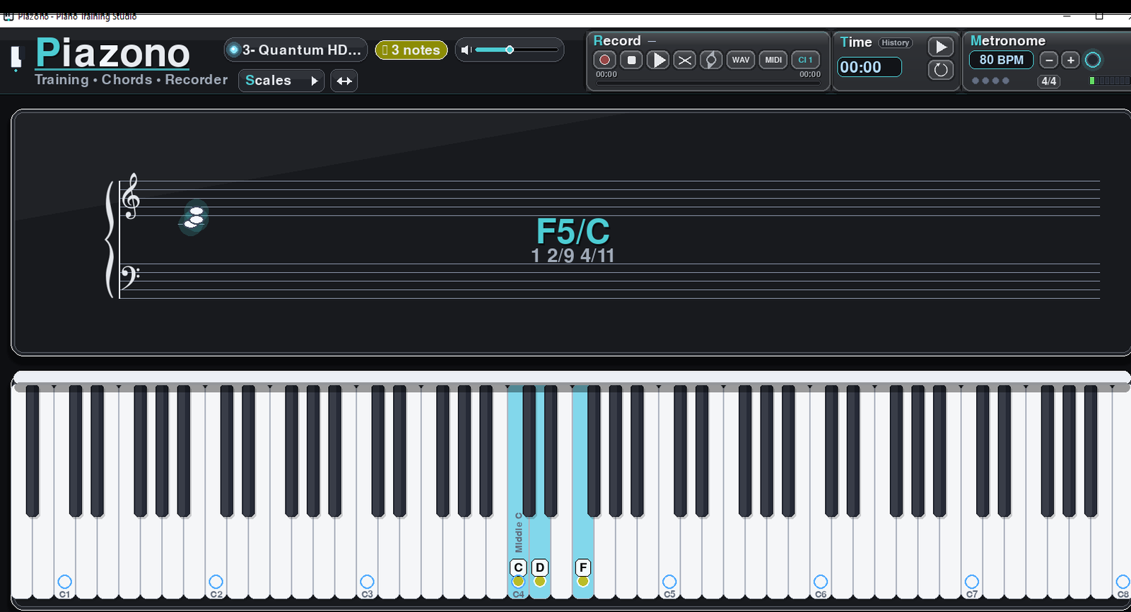 The Piazono main screen: grand staff, 88-key keyboard, record and metronome panels.