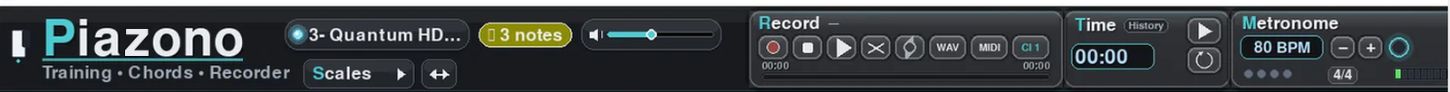 The Record panel with transport controls, count-in setting and export buttons.